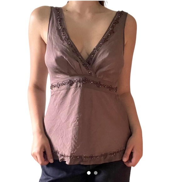TED BAKER Silk Purple Mauve Beaded V-Neck Tie Back Sleeveless Blouse SZ Small - Picture 1 of 16
